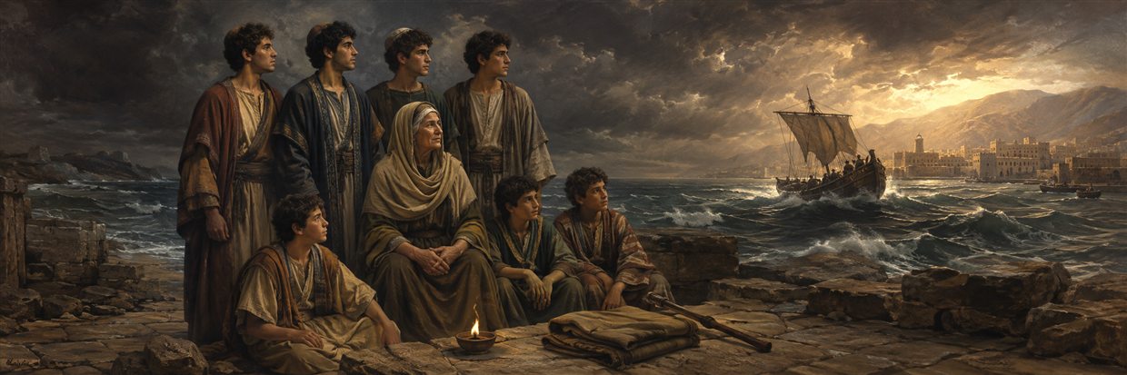 Seven brothers and their mother draw courage from Eleazar's mantle as a vessel reaches a safe harbor beyond